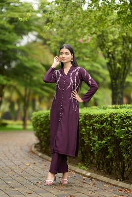 Nikhaar  violet hand embroidery art silk straight cut kurta & pants set 3