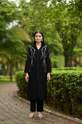 Nikhaar  black hand embroidery art silk straight cut kurta & pants set 1