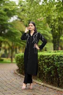 Nikhaar  black hand embroidery art silk straight cut kurta & pants set 3