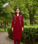 Nikhaar  maroon hand embroidery art silk straight cut kurta & pants set