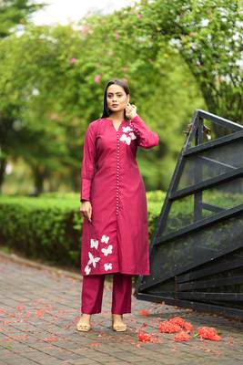Nikhaar  pink hand embroidery art silk straight cut kurta & pants set 1