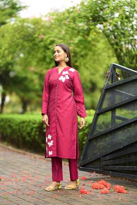 Nikhaar  pink hand embroidery art silk straight cut kurta & pants set 3