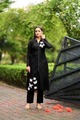 Nikhaar  black hand embroidery art silk straight cut kurta & pants set 1