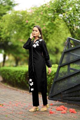 Nikhaar  black hand embroidery art silk straight cut kurta & pants set 3