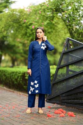 Nikhaar  blue hand embroidery art silk straight cut kurta & pants set 1