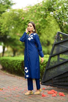 Nikhaar  blue hand embroidery art silk straight cut kurta & pants set 3