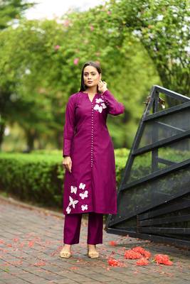 Nikhaar  dark-pink hand embroidery art silk straight cut kurta & pants set 1