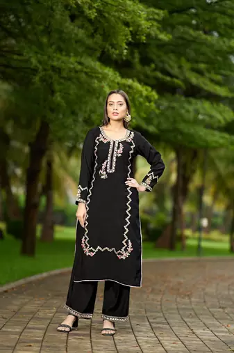 Nikhaar  black hand embroidery art silk straight cut kurta & palazzo set