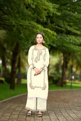 Nikhaar  cream hand embroidery art silk straight cut kurta & palazzo set 1
