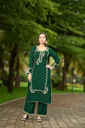 Nikhaar  green hand embroidery art silk straight cut kurta & palazzo set