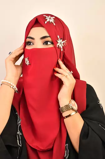 wrap my hijab maroon stonework bridal hijab set