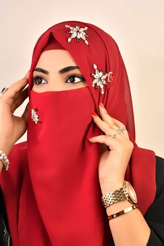wrap my hijab maroon stonework bridal hijab set