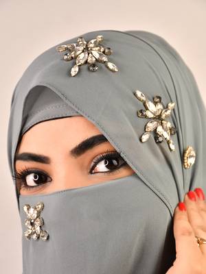 Grey luxury bridal wedding wear hijab scarf   with stonework 1