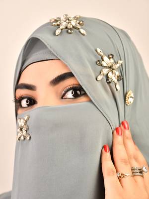 Grey luxury bridal wedding wear hijab scarf   with stonework 2
