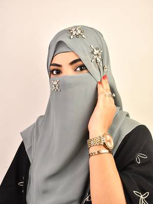 Grey luxury bridal wedding wear hijab scarf   with stonework 3