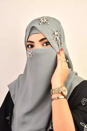 Grey luxury bridal wedding wear hijab scarf   with stonework