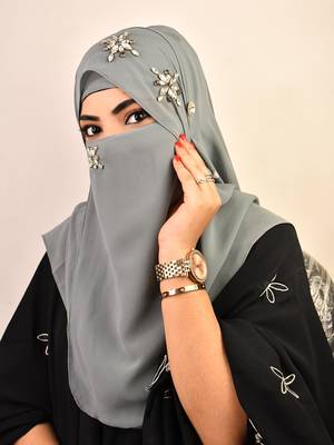 Grey luxury bridal wedding wear hijab scarf   with stonework 4