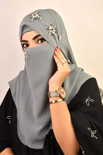 Grey luxury bridal wedding wear hijab scarf   with stonework
