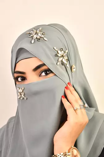 Grey luxury bridal wedding wear hijab scarf   with stonework