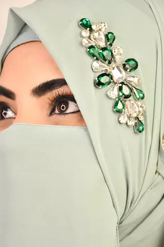 Green luxury bridal wedding wear hijab scarf   with stonework