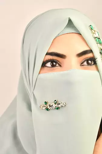Green luxury bridal wedding wear hijab scarf   with stonework