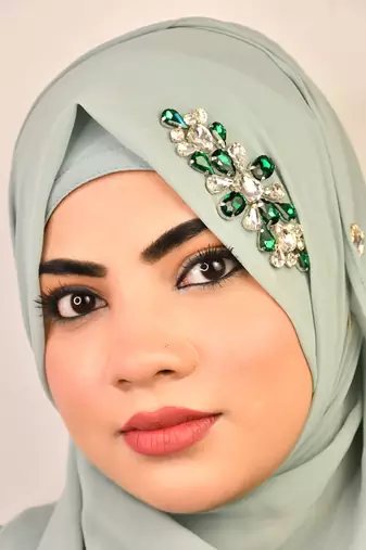 Green luxury bridal wedding wear hijab scarf   with stonework