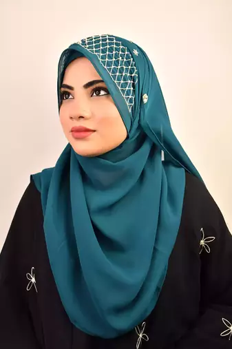 Teal luxury bridal wedding wear hijab scarf   with handwork