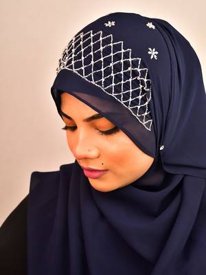 Nevy blue luxury bridal wedding wear hijab scarf   with handwork 2