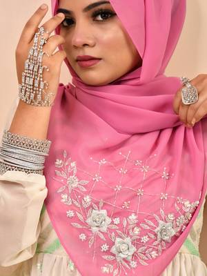 Pink luxury bridal wedding wear hijab scarf   with handwork 2
