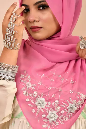 Pink luxury bridal wedding wear hijab scarf   with handwork