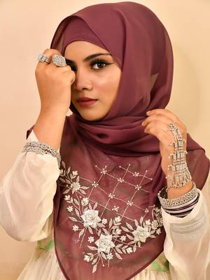 Magenta luxury bridal wedding wear hijab scarf   with handwork 2