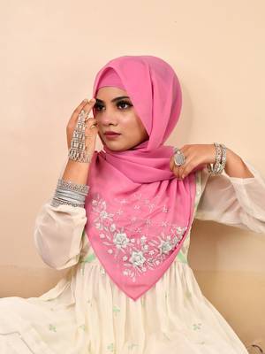 Pink luxury bridal wedding wear hijab scarf   with handwork 3