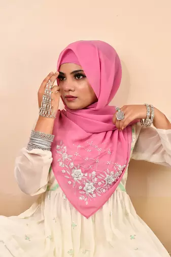 Pink luxury bridal wedding wear hijab scarf   with handwork