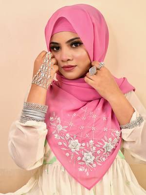 Pink luxury bridal wedding wear hijab scarf   with handwork 4