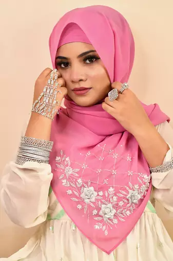 Pink luxury bridal wedding wear hijab scarf   with handwork