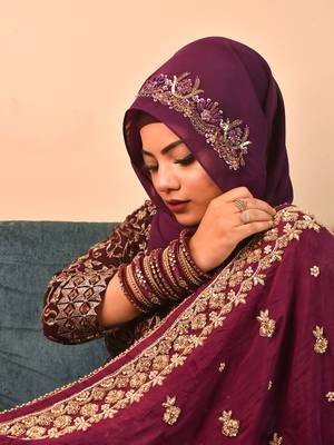 Wine luxury bridal wedding wear hijab scarf   with handwork 2