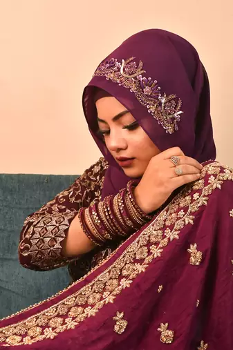 Wine luxury bridal wedding wear hijab scarf   with handwork