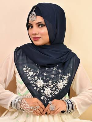 Nevy blue luxury bridal wedding wear hijab scarf   with handwork 2
