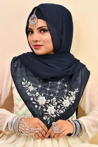 Nevy blue luxury bridal wedding wear hijab scarf   with handwork