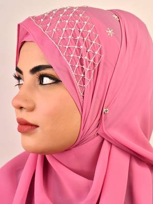 Pink luxury bridal wedding wear hijab scarf   with handwork 3