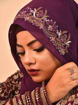 Wine luxury bridal wedding wear hijab scarf   with handwork 3