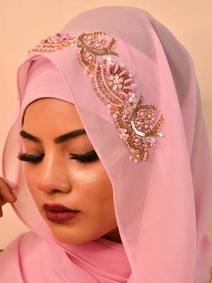 Pink luxury bridal wedding wear hijab scarf   with handwork 1