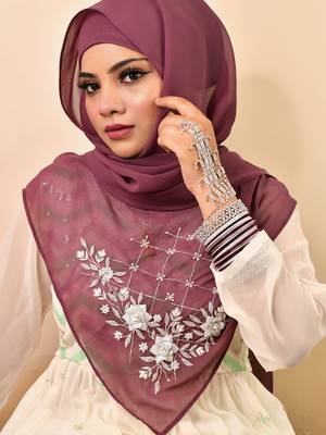 Magenta luxury bridal wedding wear hijab scarf   with handwork 4