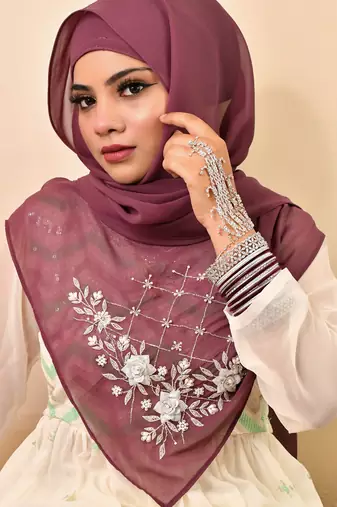 Magenta luxury bridal wedding wear hijab scarf   with handwork