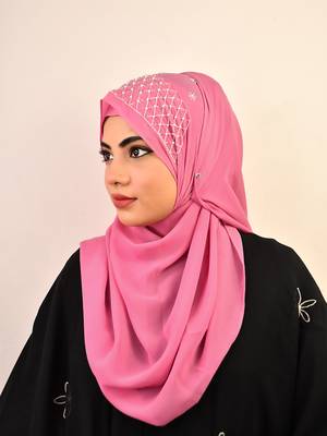 Pink luxury bridal wedding wear hijab scarf   with handwork 4