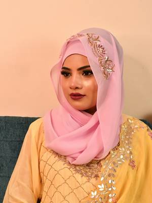 Pink luxury bridal wedding wear hijab scarf   with handwork 2