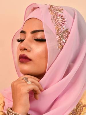 Pink luxury bridal wedding wear hijab scarf   with handwork 4