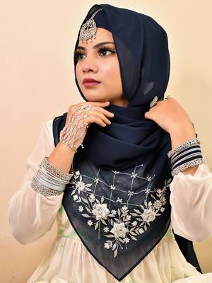 Nevy blue luxury bridal wedding wear hijab scarf   with handwork 4