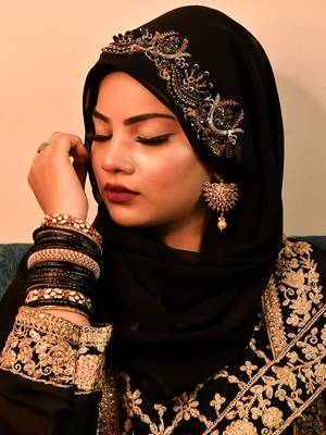 Black luxury bridal wedding wear hijab scarf   with handwork 4
