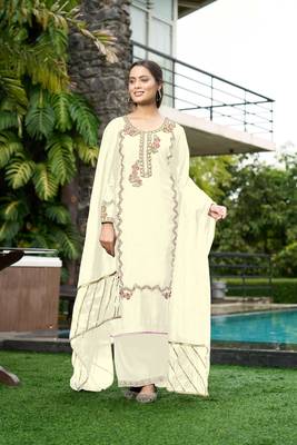 Nikhaar cream hand embroidery art silk stitched straight cut  palazzo kurta & dupatta  1